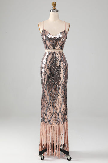 Sparkly Two-piece Sheath Ball Dress with Fringes